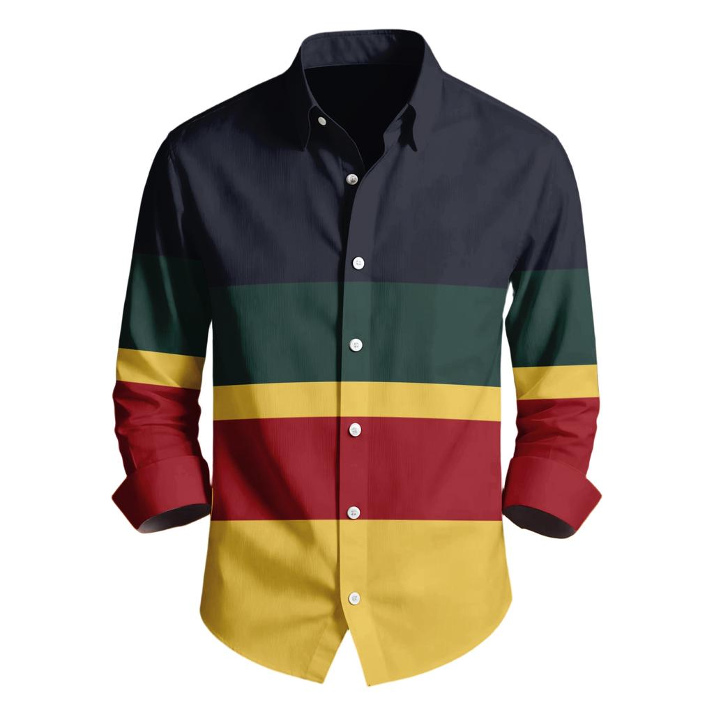 Men's Casual Stylish Striped Printed Shirt - Men's Lapel Buttoned Long-sleeved Shirt