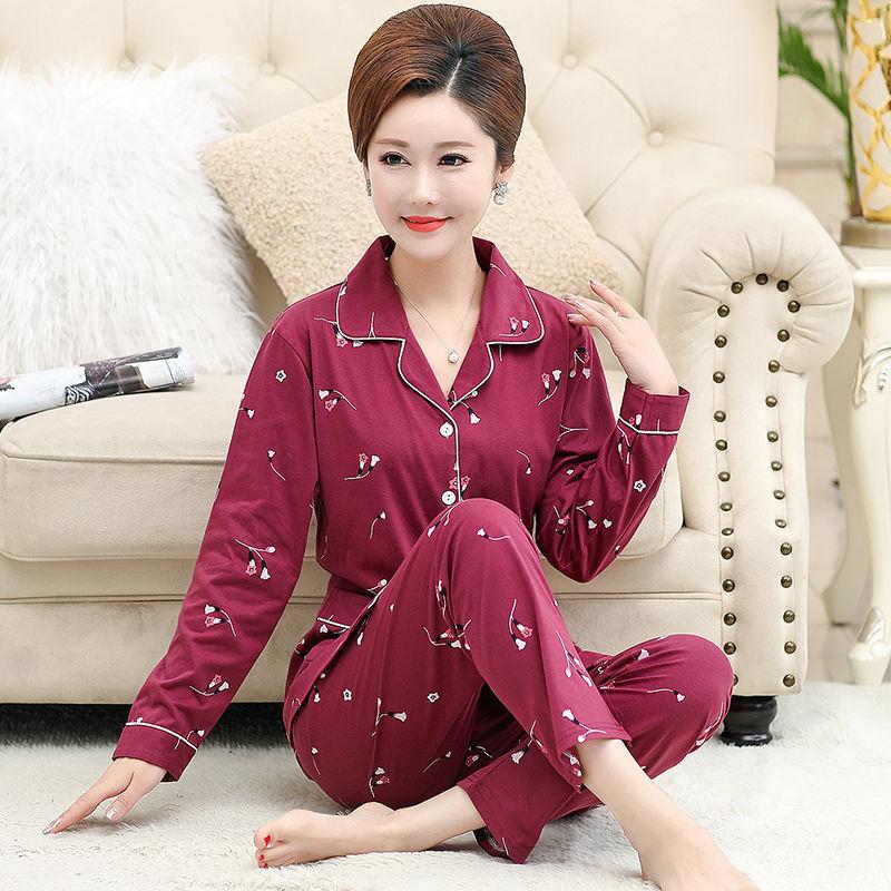 Middle-aged women's 100% pure cotton pajamas women's summer long-sleeved pajamas middle-aged and elderly mother loungewear thin suit