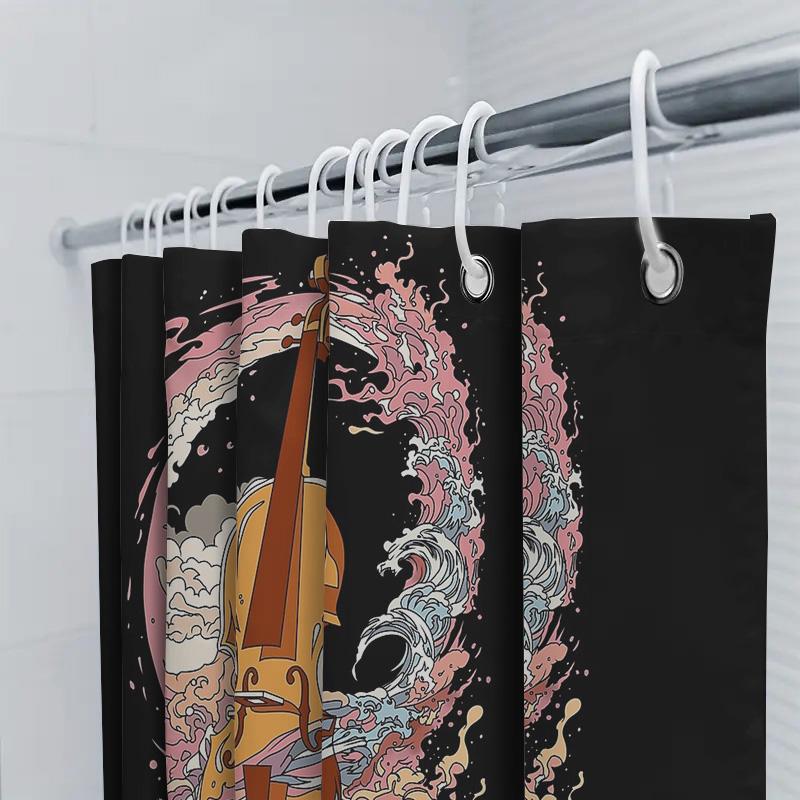 Vintage Violin Ocean Wave Shower Curtain Artistic Music Lover Bathroom Decor Japanese Style Washable Waterproof Tapestry
