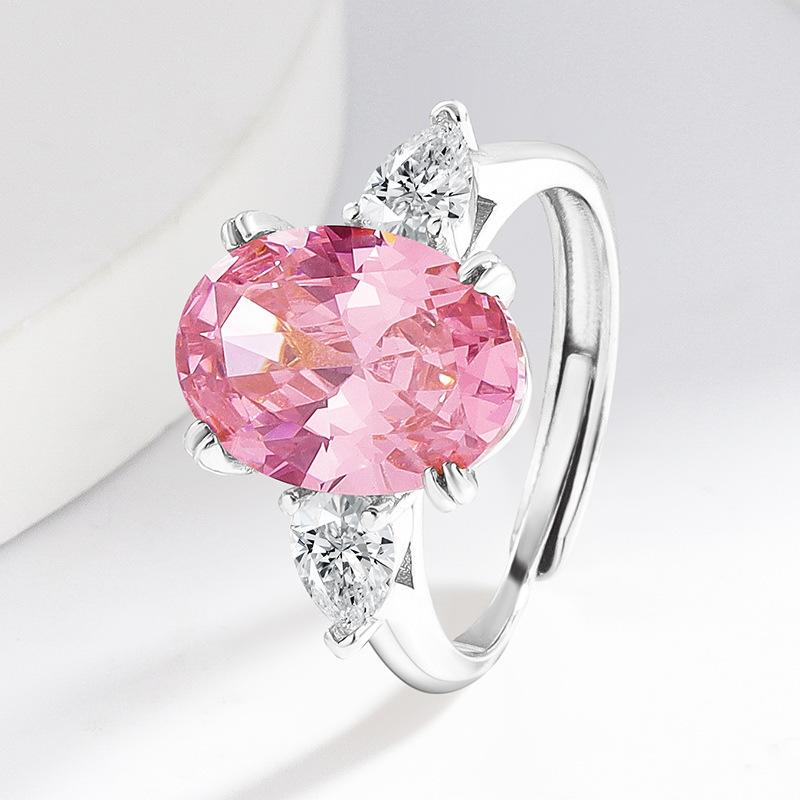 925 Sterling Silver 5 Carat Oval Shape Pink Diamond Pigeon Blood Ruby Ring Adjustable Open Ring for Women Light Luxury Daily Jewelry Size:Adjustable