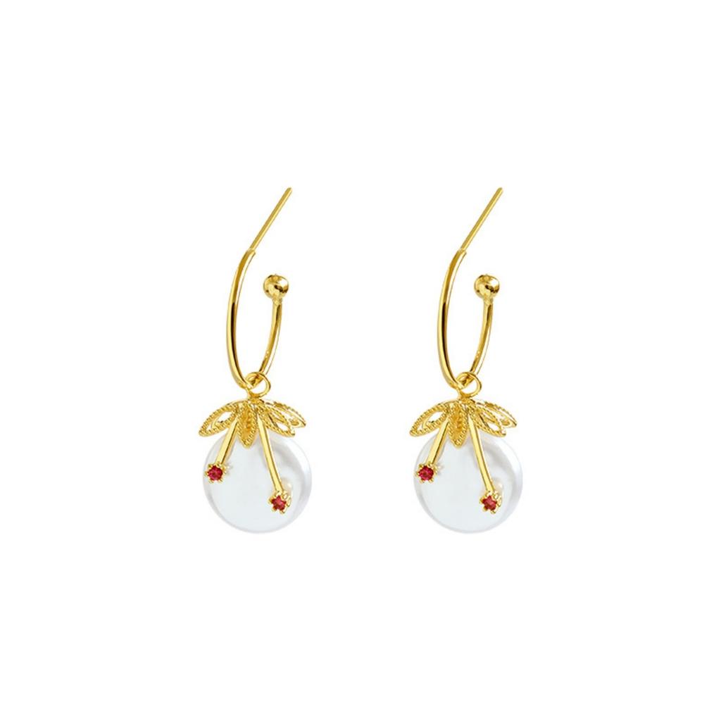 Creative Pink Zircon Imitation Pearl Cherry Drop Earrings For Women Men Bohemian Hollow Leaves Fruit Earrings Wedding Jewelry