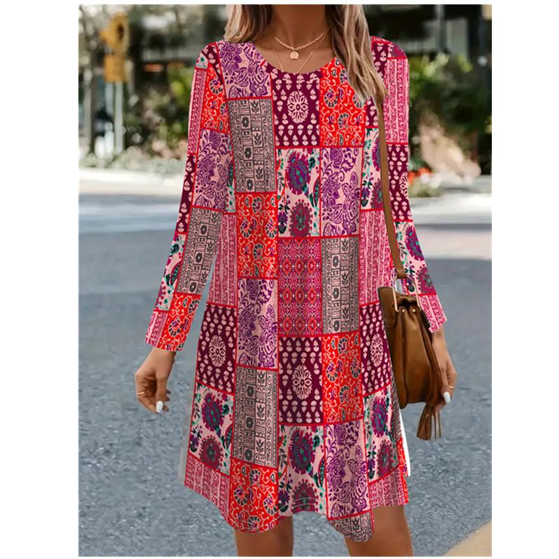 Women Long Sleeve O-Neck Casual Loose A-Line Dress Autumn 3D Floral Printed Dress Vintage Elegant Lady Dress Vestidos De Muj