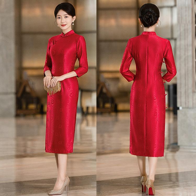 New Chinese long cheongsam 1011 autumn new dignified temperament women's red clothing, cheongsam skirt elegant retro dress
