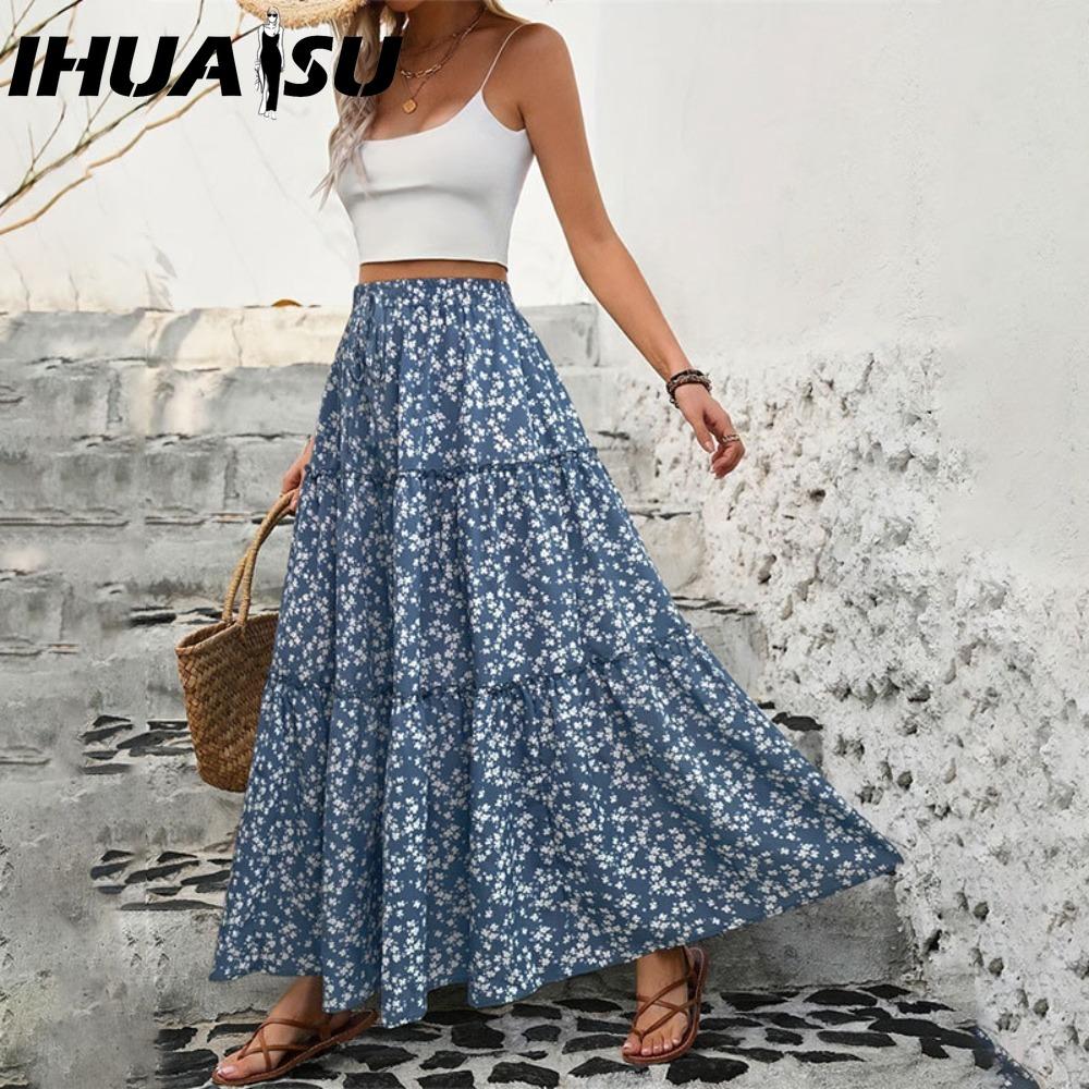 

IHUASU Женская Модная Повседневная Юбка с Цветочным Принтом на Лето Весну XL синий