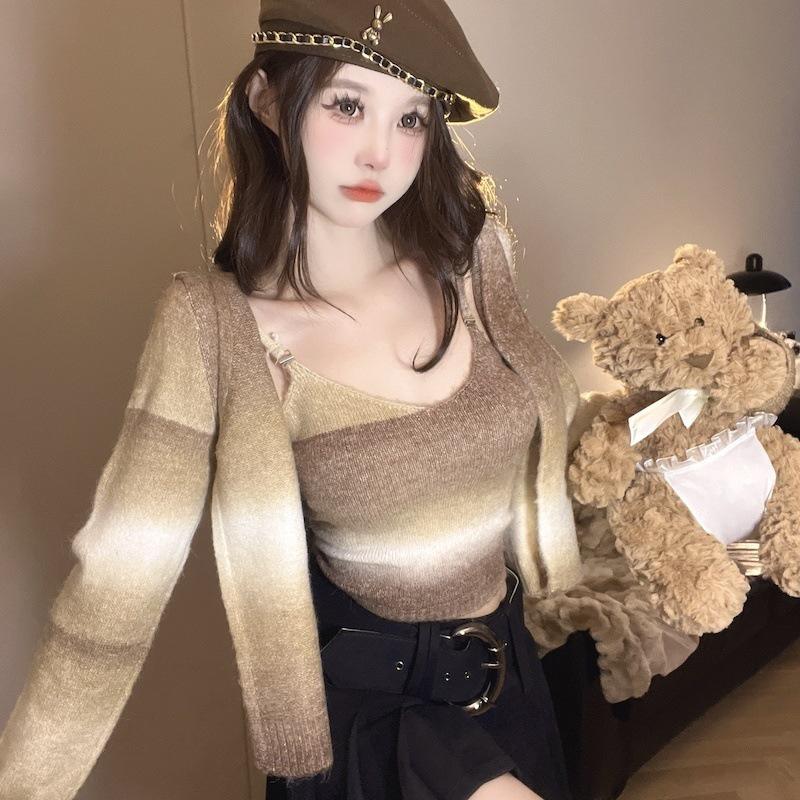 Korean Retro Gradient Knit Cardigan & Camisole Two-Piece Set for Women L