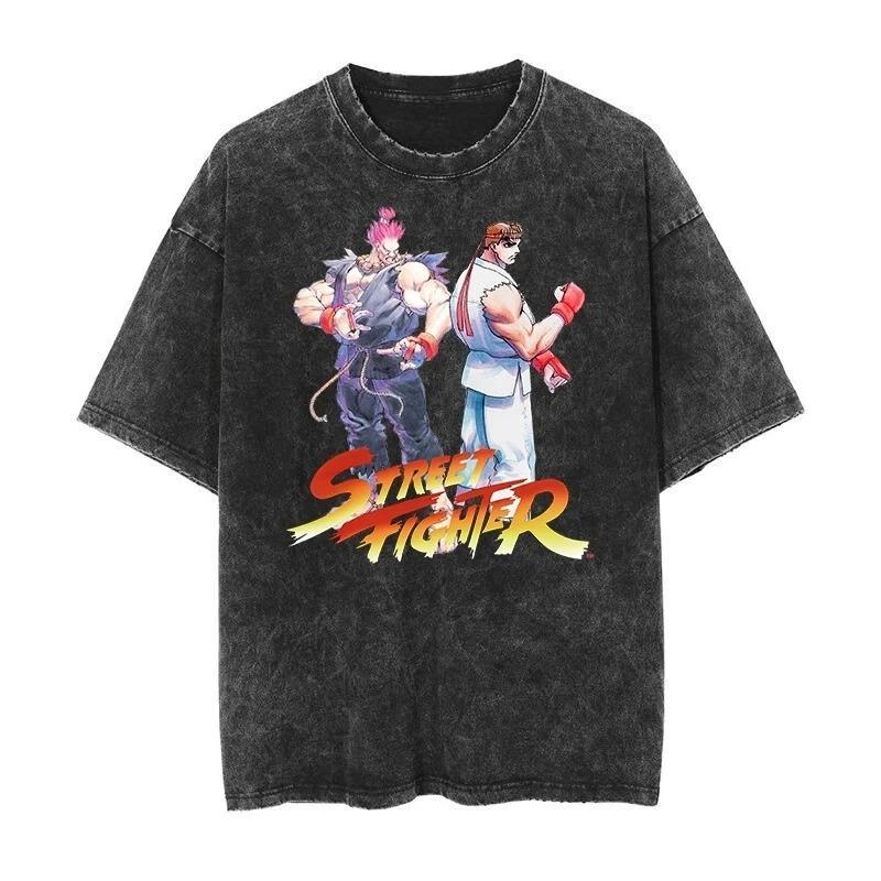2026 Camiseta Lavada Vintage Street Fighter Jogo Clássico Estampada Harajuku Hip Hop Oversized Manga Curta Masculina Feminina Camisetas Tops Verão