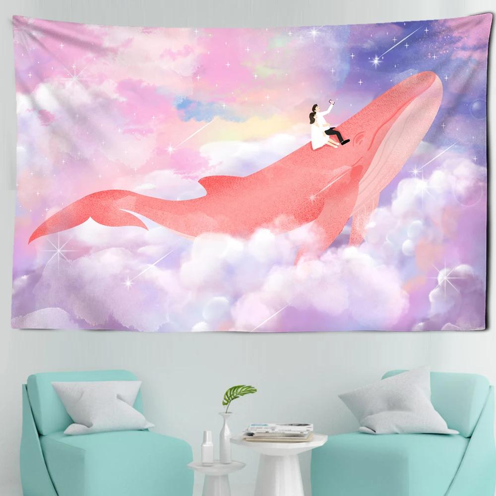 Tapestry Aesthetics Cartoon  Sky Dolphin  Pink Purple Cloud  Bedroom Wall Home Decoration