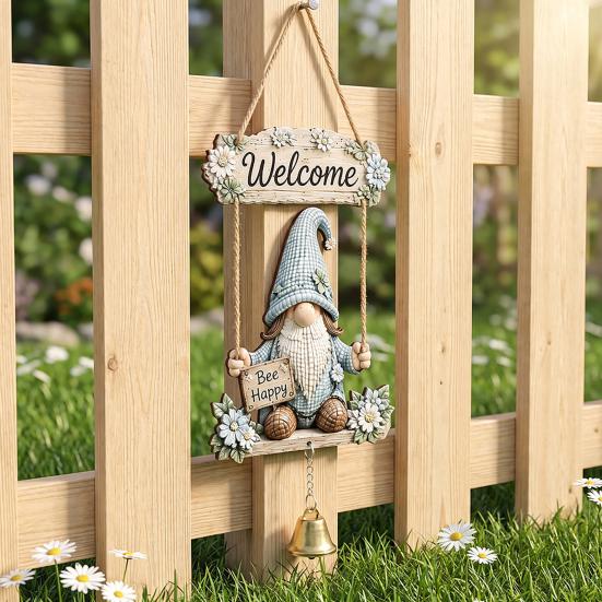 Welcoming Gift for Gardeners Wooden Gnome Door Hanger with Bell, Country Garden Welcome Sign Outdoor Hanging Swing Wall Plaque, Farmhouse Ornament
