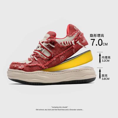 Invisible 7cm Red Four-season Versatile Washed Denim Low-top Heightening Shoes Sports Trendy Shoes Trendy Casual Couple Shoes