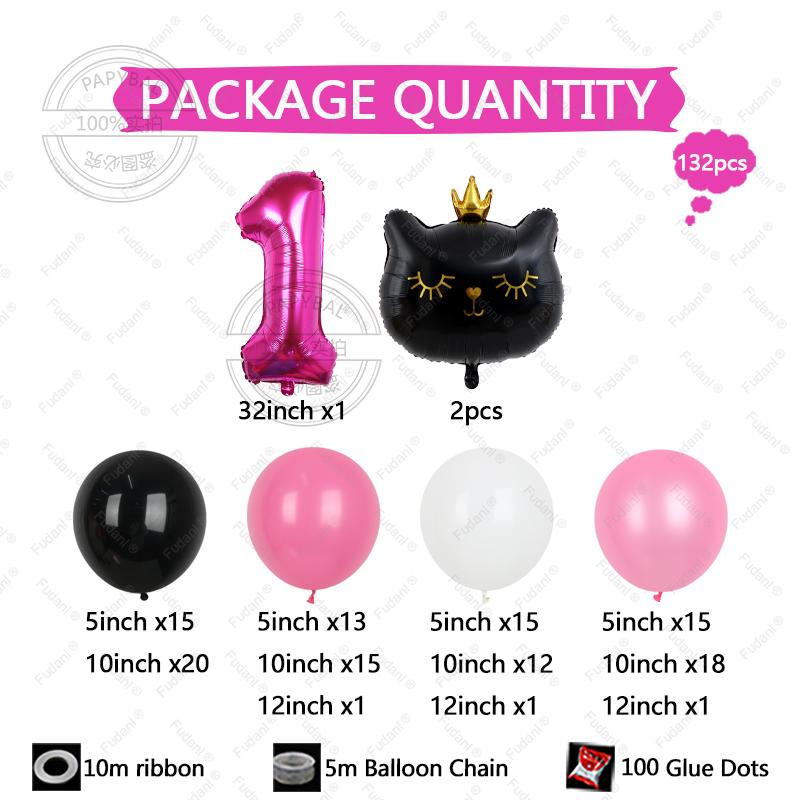 132pcs Black Cat Crown Foil Balloons Arch Kit Happy Birthday Party Decorations 32inch Digit Kids Girl Boy 1-9 Years Old Supplies