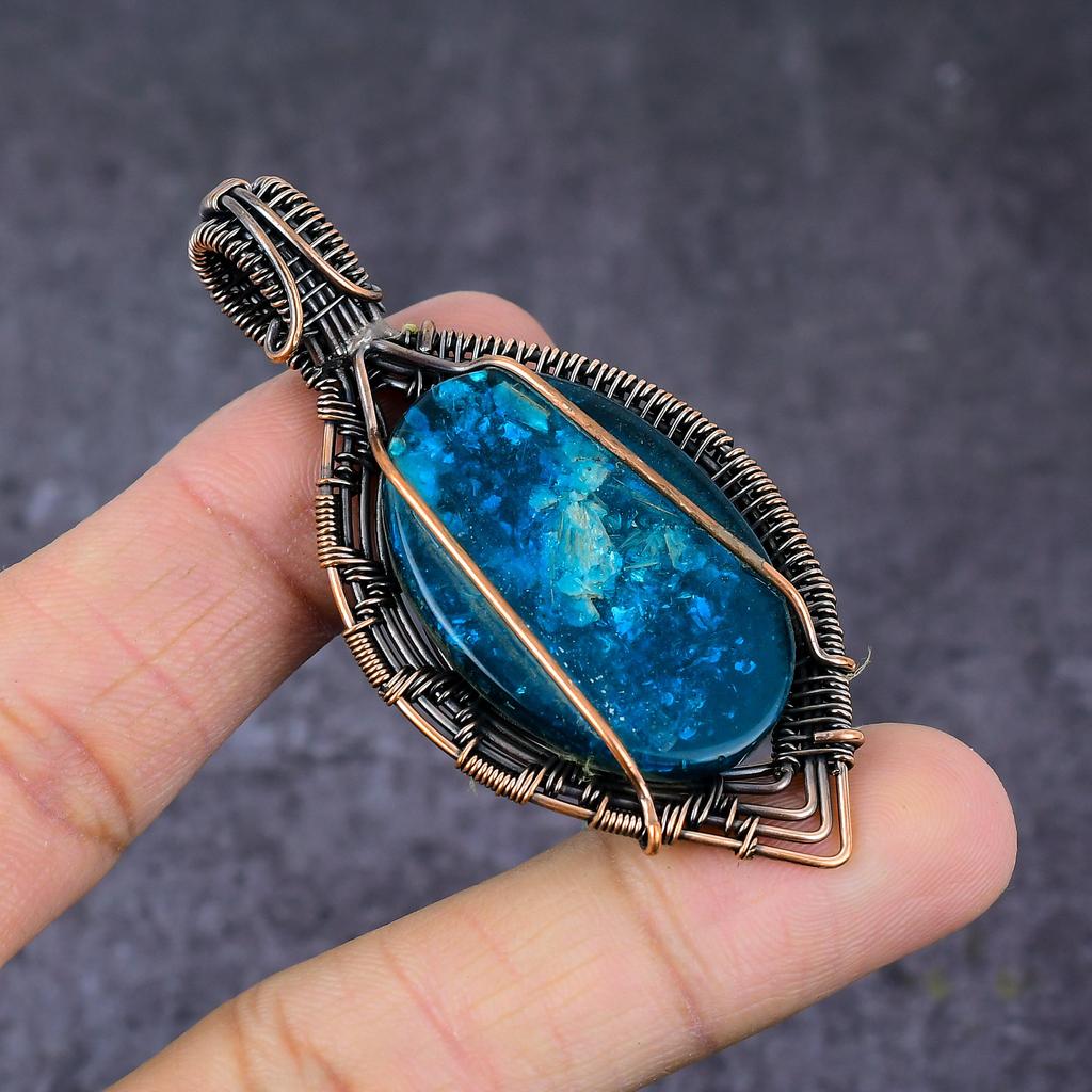 Natural Blue Amber Gemstone Handmade Copper Wire Wrap Pendant Jewelry 2.76" S7U64