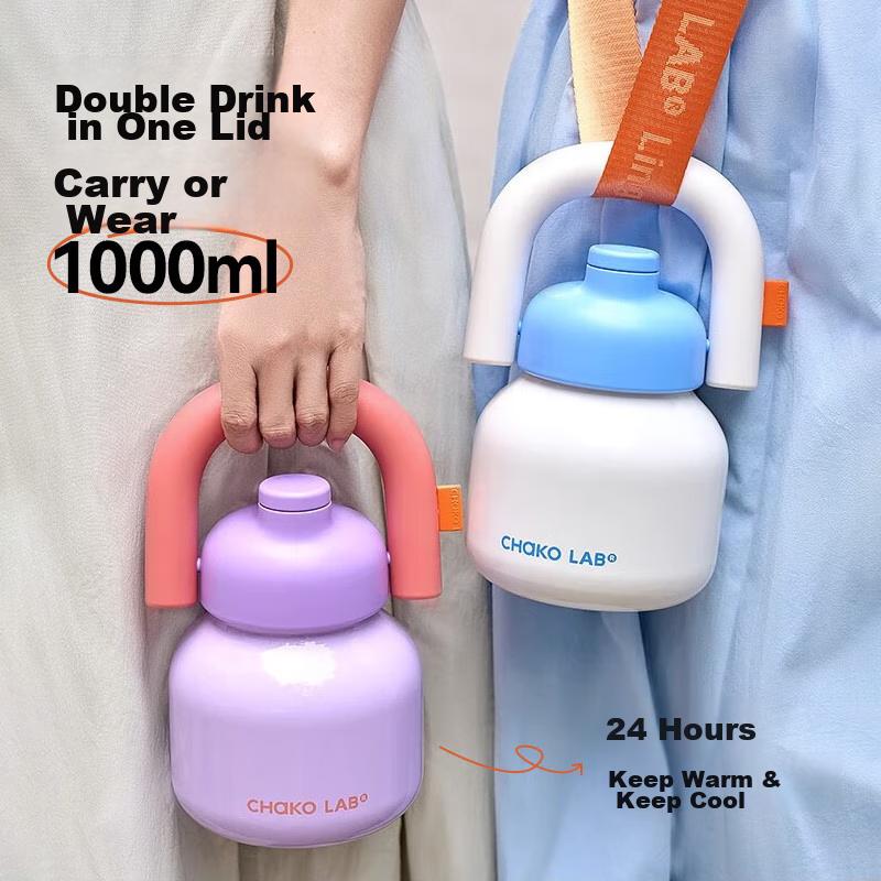 Straw Cup, Large Capacity Insulated Mug for Office, Direct Drinking Wide-Bellied Cup, Stainless Steel Cup, Portable Jug, 1L