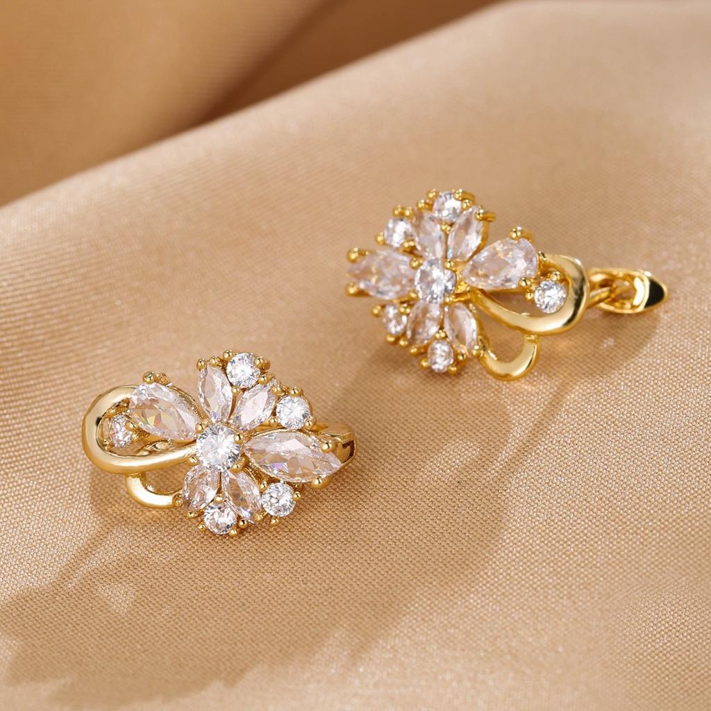 Deep Blue Crystal Zircon Flower Champagne Gold Ear Cuffs Wedding Earrings For Women Elegant Bridal Jewelry