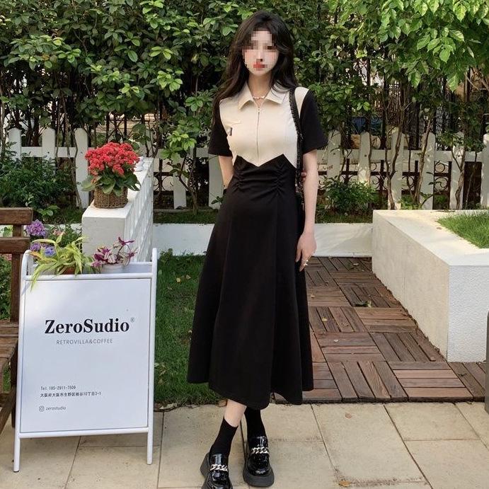 Color Block Polo Neck Slimming Dress with Waist-cinching Zipper and Slit for Women - Summer Collection