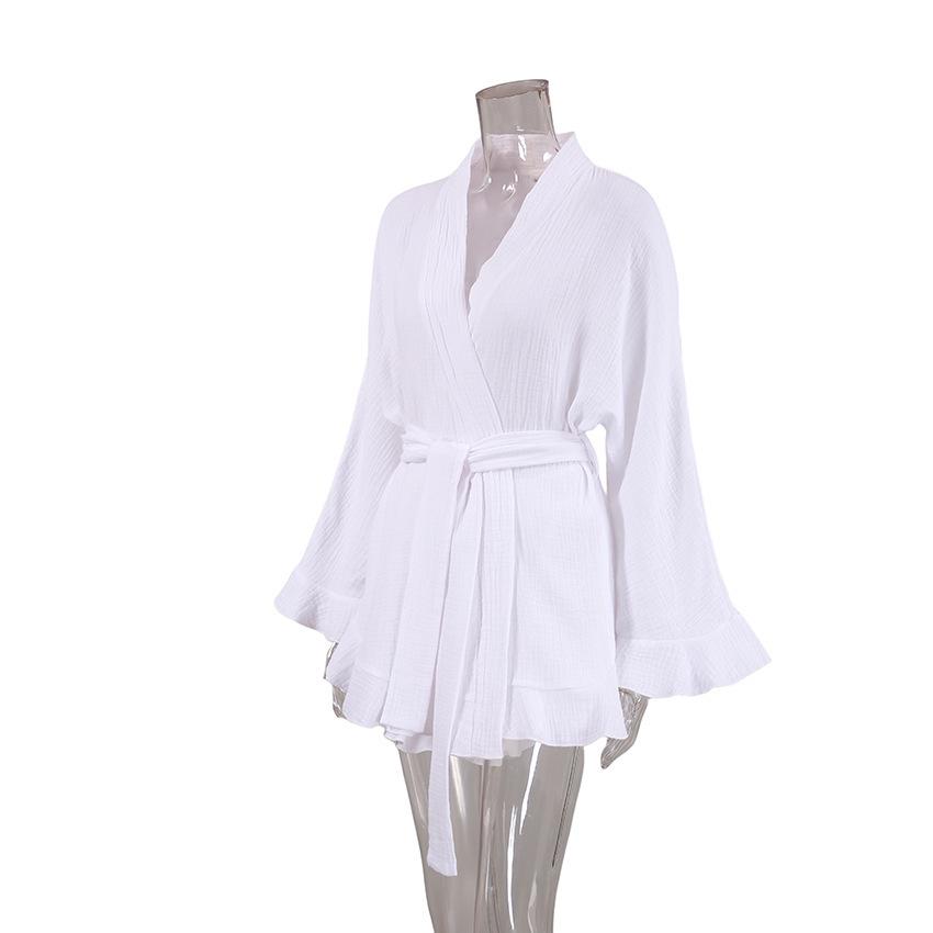 Set de pijama de toamnă pentru femei cu mâneci lungi cu volane, cu halat și pantaloni scurți din bumbac creponat