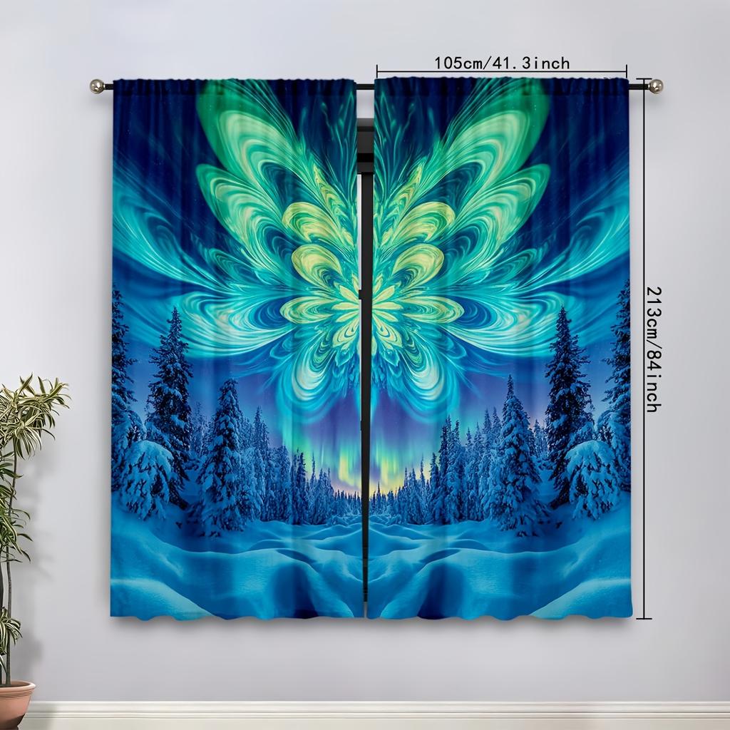 Set Of 2 Curtains Featuring Vibrant Aurora Snowy Scenery Delicate Baroque Patterns Perfectly Blended Tranquil Forests Curtain Polyester