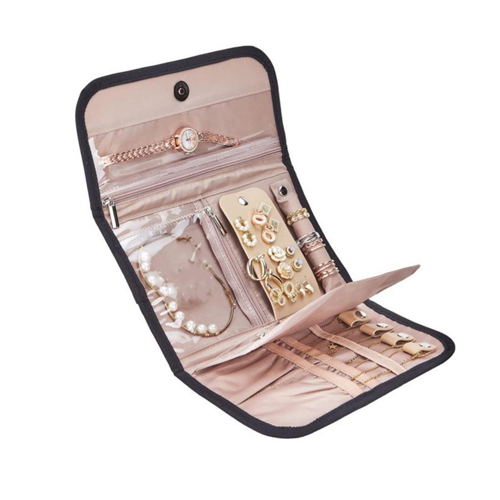 Portable Polyester Jewelry Storage Roll Perfect for Travel Compartments Compact Accessory Organizers Earrings Necklaces