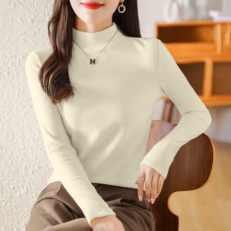 Women's Plus Velvet Half-High Collar Long-Sleeve Fleece Base Layer Top - Autumn/Winter