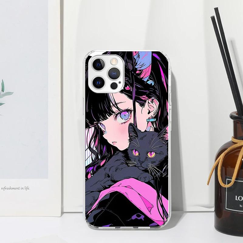 Anime Girls Cute Black Cat Phone Case For Iphone 17 Air 16 15 Plus 16E 14 Pro Max 13 Mini 12 11 7 8 SE Fundas Soft Back Cover 17