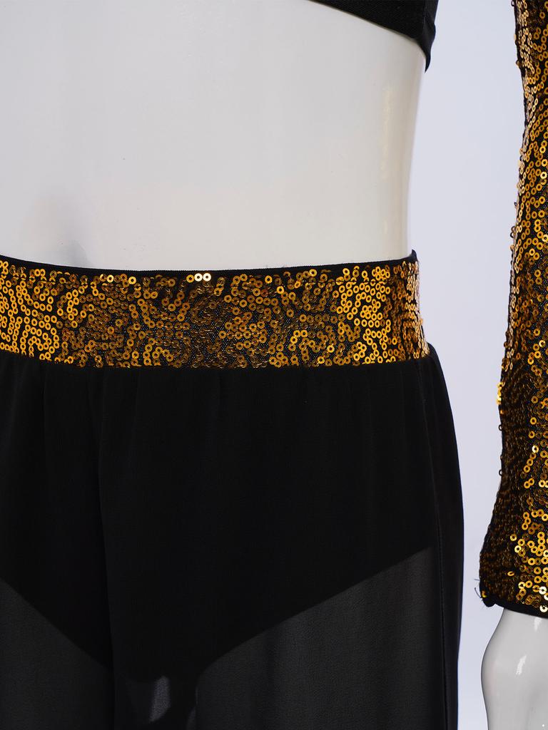 Kids Girls Dance Costume Two-Piece Set Mock Neck Long-Sleeved Sequins Cutout Back Press Button Crop Top with Flowing Chiffon Overlay Wide-Leg Side Sli