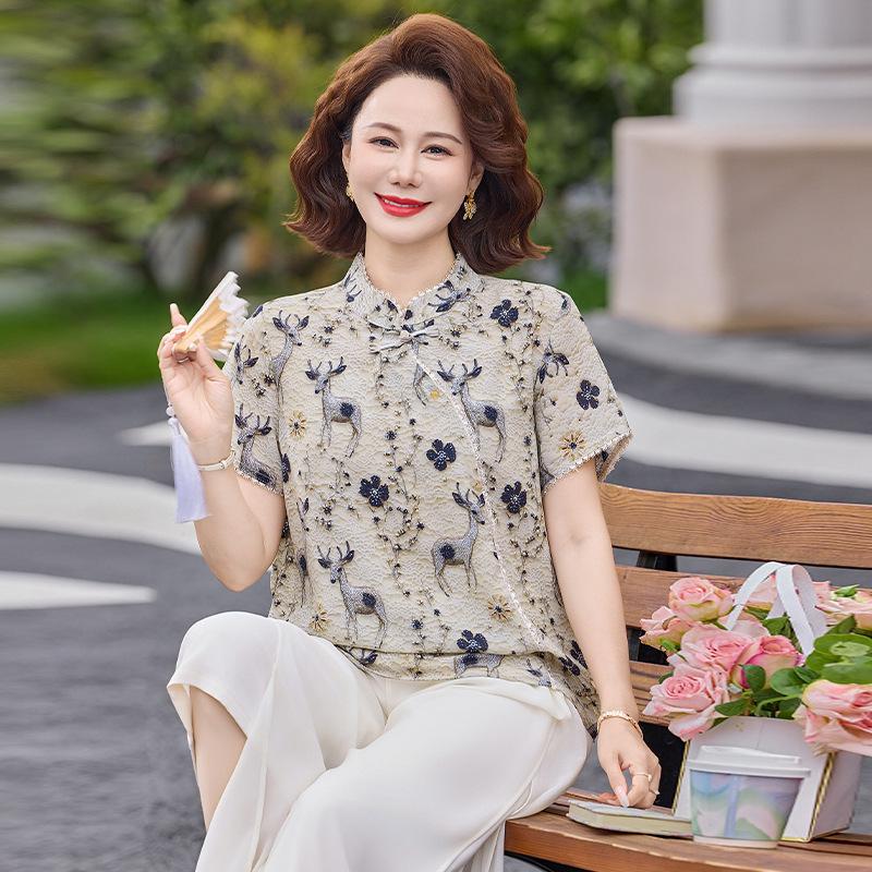 2026 Stylish Summer Two-Piece Set for Middle-Aged Women, Chinese Style Top & Outfit