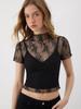 Lace top women's summer perspective thin mesh bottoming shirt Spice girl short-sleeved suspender shirt two-piece set