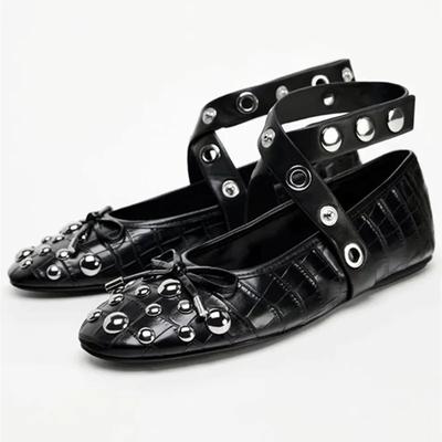 Mode Nietendekoration Schleife Ballerinas Damen Punk Stil Weiches Leder Riemen Mary Jane Schuhe für Damen Bequeme Tanz Freizeitschuhe