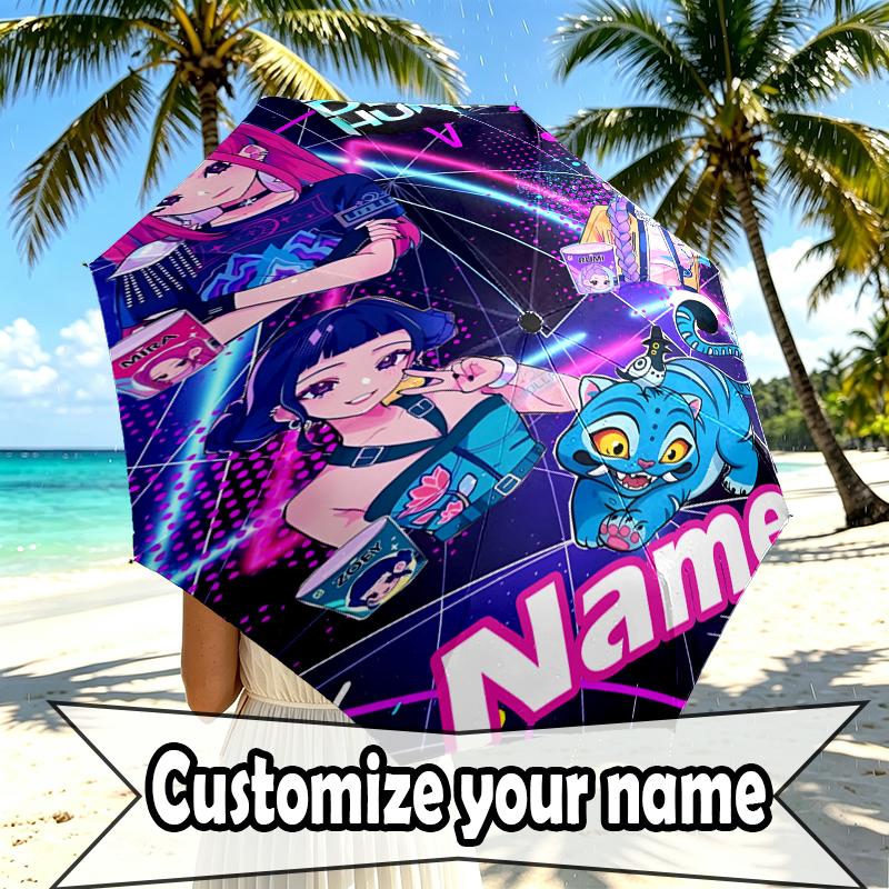 Custom Name Personalized KPop Demon Hunters Print Umbrella, Auto Open Close, 8‑Rib Sturdy Frame, Commute Camping Hiking Use, Birthday Gift