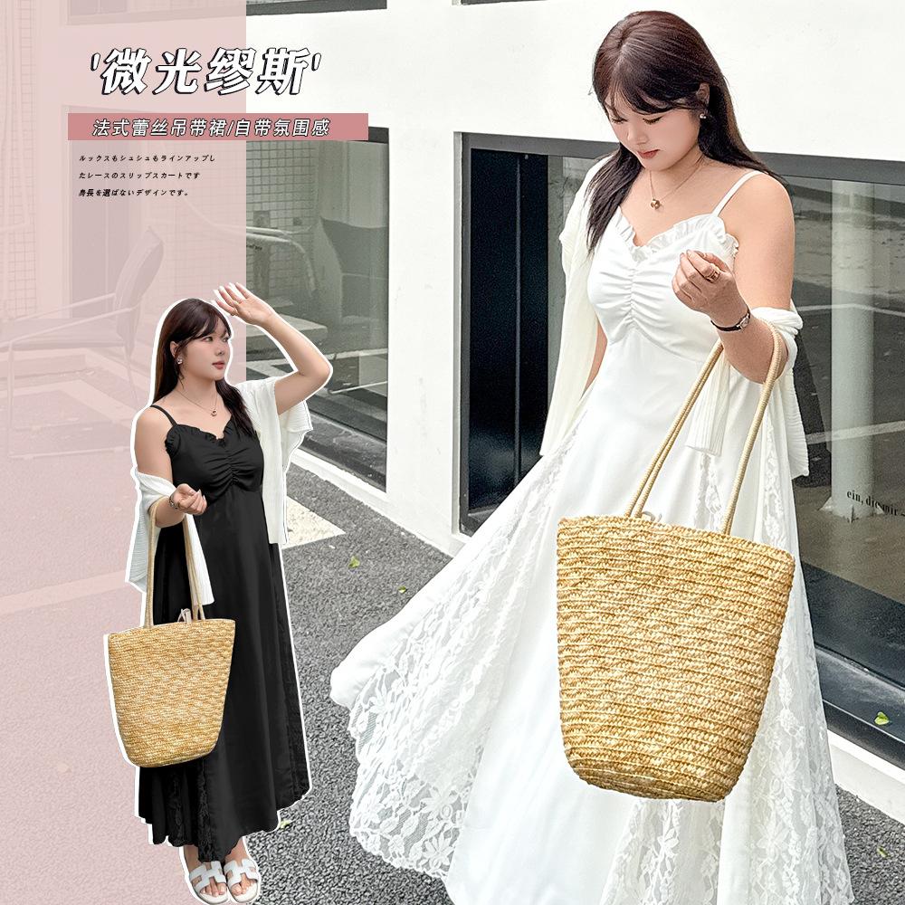 Women's Loose Fit A Line Slip Dress Sleeveless Ruffle Trim Lace Patch Midi Dress