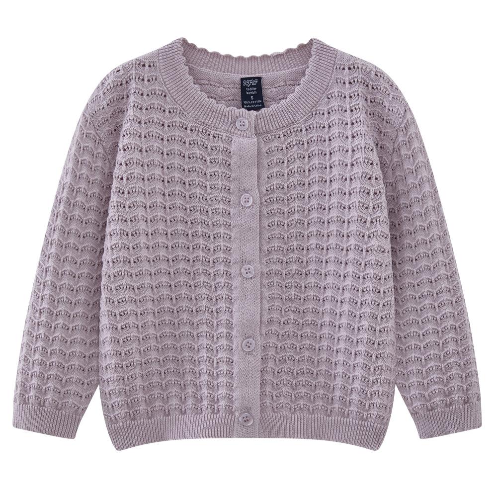 Girls' Knitted Cardigan Spring and Autumn Thin Hollow Children's Sweater Long Sleeve Pure Cotton Top Coat Stylish