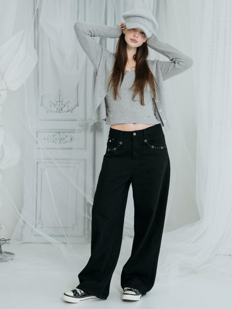 HHIPS Flower Stud Cotton Denim Pants (Black)