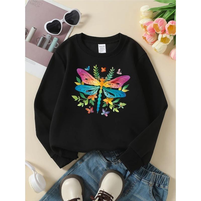European sizes Colorful Butterfly Floral Art Girls' Fashionable Crewneck Sweatshirt, Western Top, Children's Long Sleeved Casual T-Shirt