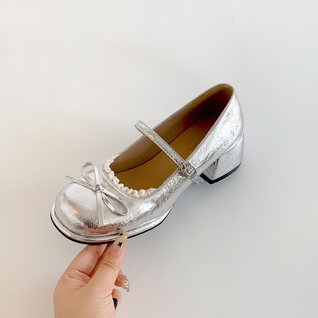 Fashion Red Pumps for Women Spring Autumn Thick Middle Heel Leather Women's Single Shoes Fashion Round Toe Bow Heeled Mary Jane Shoes