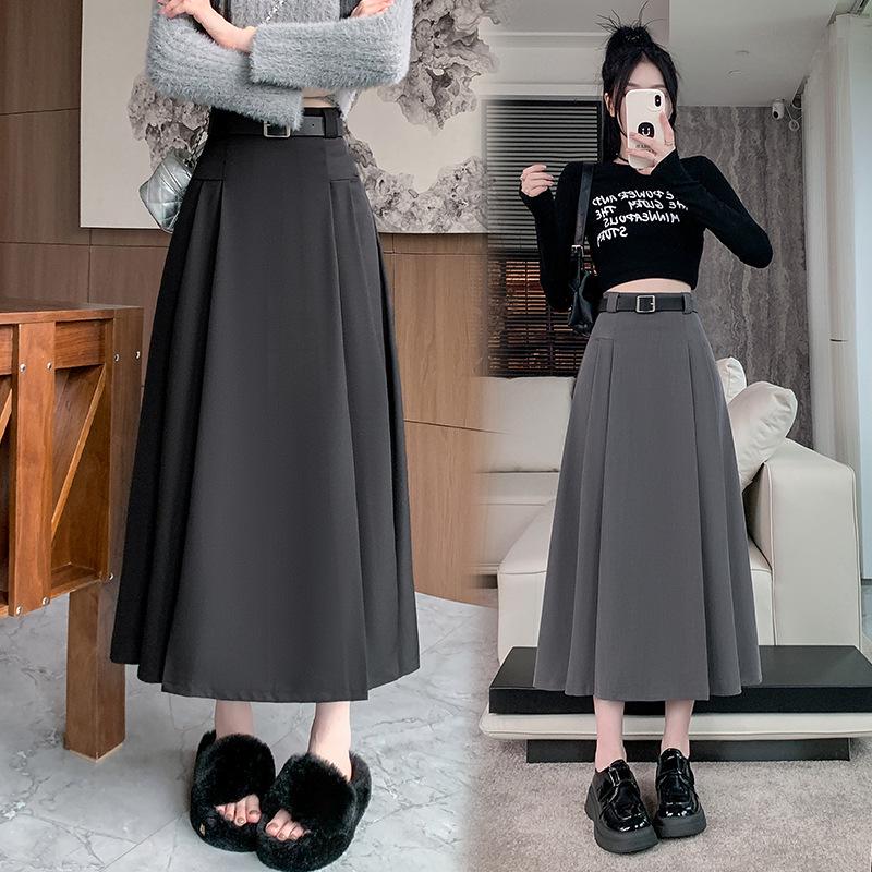 Petite High-Waisted Gray Pleated A-Line Skirt for Women - Slim-Fit, Mid-Length, Spring/Autumn 2025 Collection