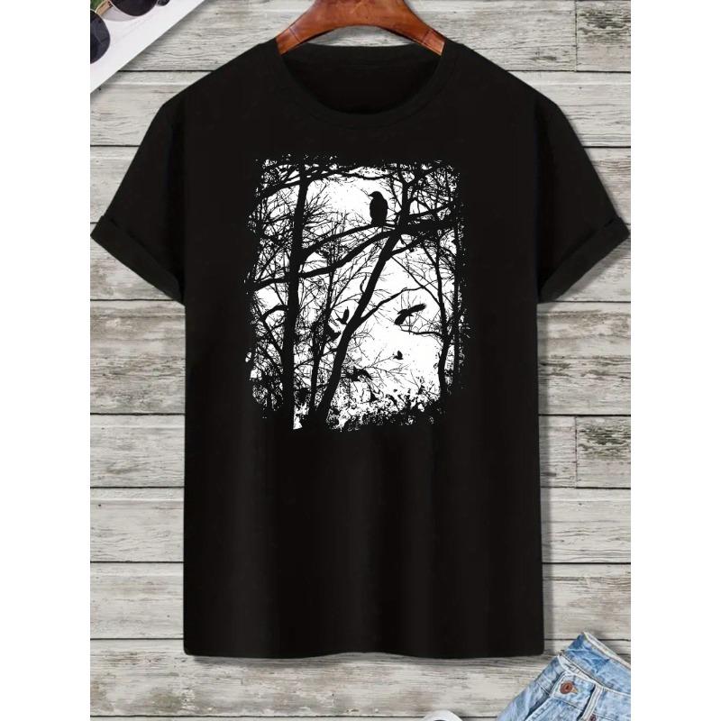 Unisexs Gothic Retro Crow Tree Design Tshirt Dark Contrast Print Breathable Round Neck Short Sleeve Casual Summer Top
