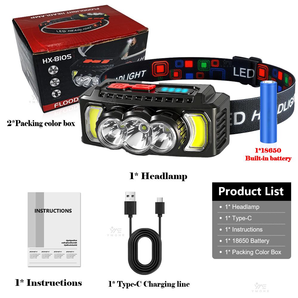 

Powerful Headlamp Waterproof Head LED Light 18650 Rechargeable Lamp COB Head Flashlights High Power Head Lamp Fishing Headlight black
