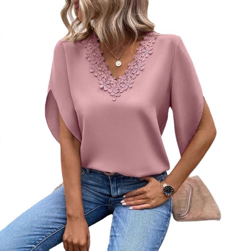 Bluză de vară elegantă casual, cu dantelă, decolteu în V, mâneci scurte evazate, croială largă, culoare solidă, top pentru femei, modă feminină, îmbrăcăminte simplă pentru birou
