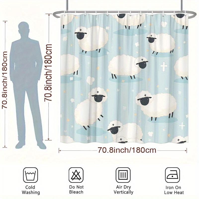 1 Stück Skurriler Schaf-Duschvorhang, Schwarzes Schaf auf blauem Streifen, Minimalistische Badezimmerdekoration, Polyester, Waschbar, Inklusive 12 Haken