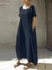Women's Casual Dresses - Women's Cotton Linen Dress Loose Fit Round Neck Slit Belted Design Round Neck Short Sleeved Loose Dress