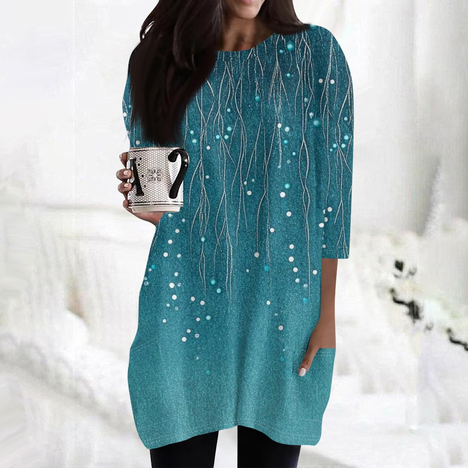 

Жіночі повсякденні сорочки з рукавом 3/4, модні туніки з принтом і кишенями XL небо синє кольору