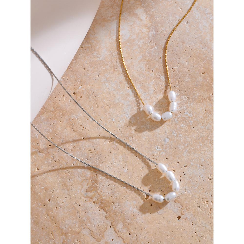 Yhpup Natural Freshwater Pearls Stainless Steel Chain Necklace for Women Waterproof Chic Fashion Collar Jewelry Gift Waterproof