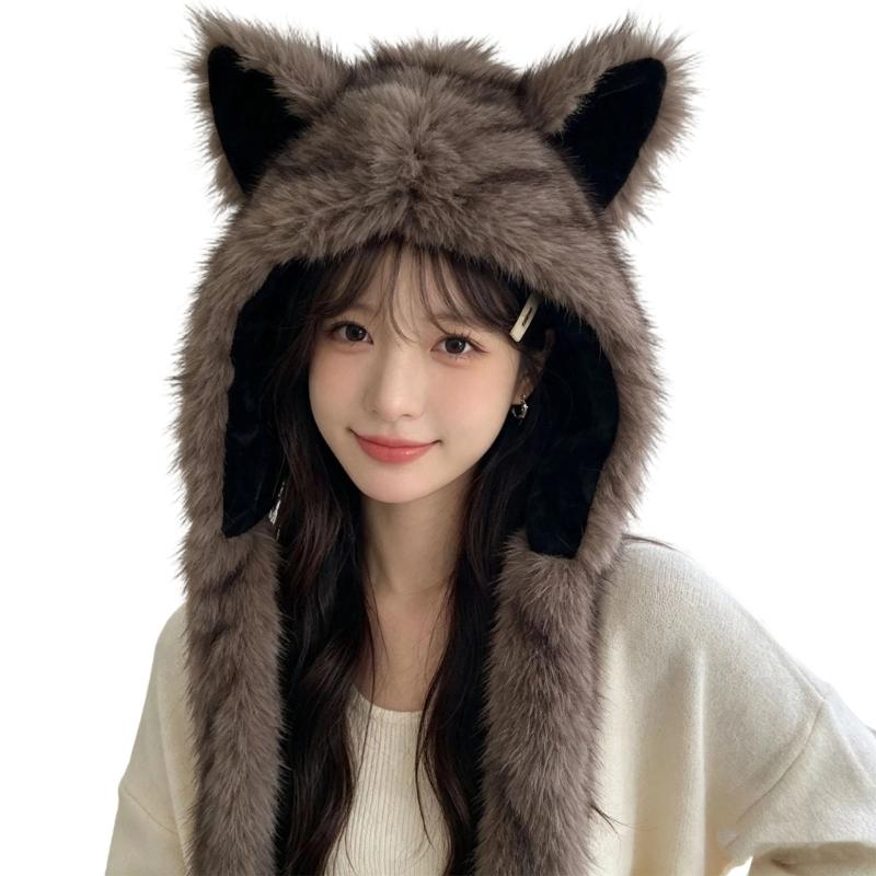 Plush Cats Ear Hat with Faux Furs Look Earflaps, Long Coverage Thick Warm Hat for Cold Weather Daily Outfit Styling, Outdoor Activity