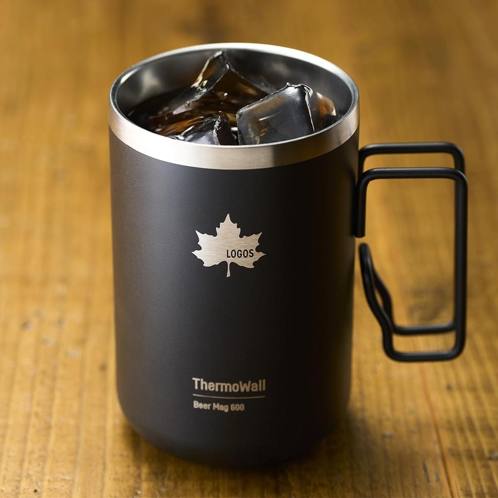LOGOS ThermoWall Vacuum Insulated Beer Mug 600ml Black 81286221 Camping Mug Bottle Slim Design Lightweight Keeps Drinks Hot or Cold Direct Drinking