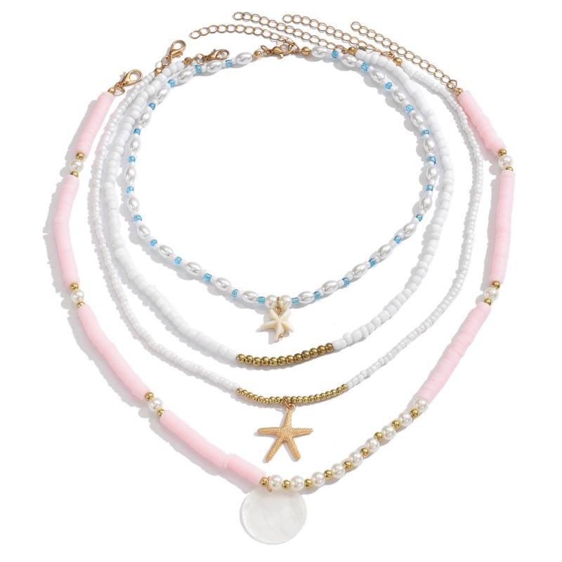 

Летний богемный розовый набор ожерелий из мягкой полимерной глины с жемчугом и бусинами, ожерелье из нескольких ярусов с морской звездой и элементами океана