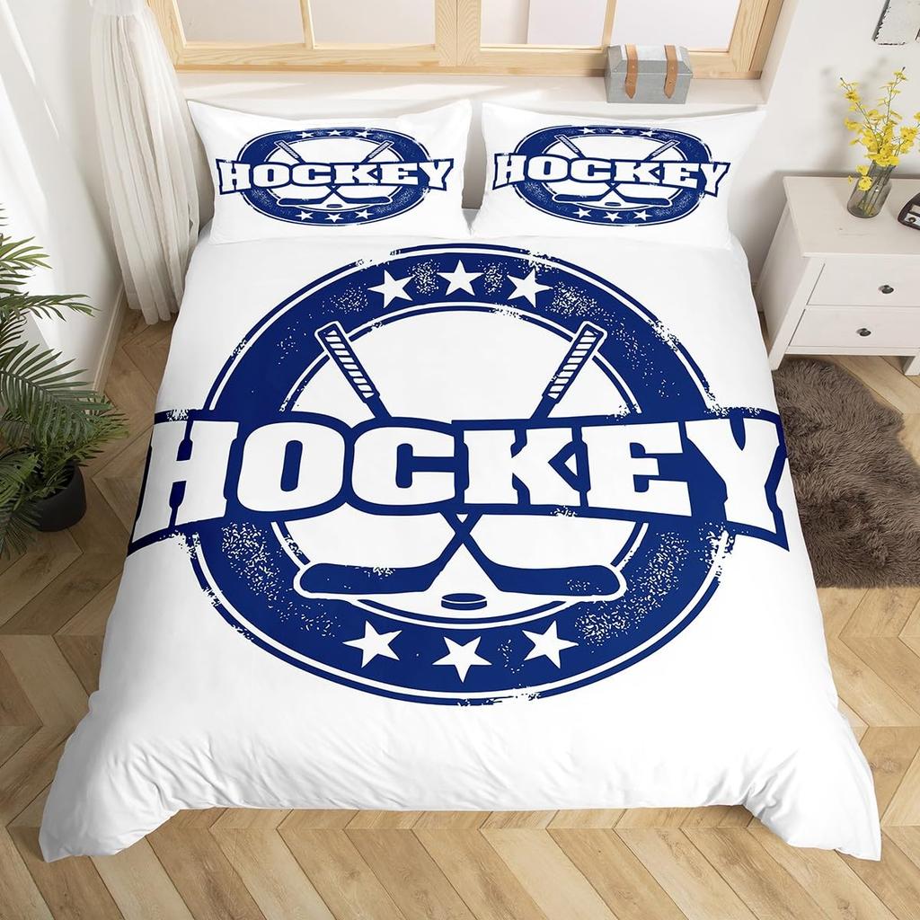 Eishockey Bettbezug Helm Schlittschuhe Bettdeckenbezug Winter Eis Sport Spiele Bettwäsche-Set für Jungen Puck Hockeyspieler Steppdeckenbezug