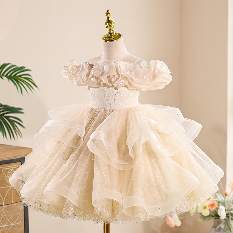 Girls' Formal Flower Girl Princess Dress with Sequined Puffy Skirt - Ideal for Piano Performances