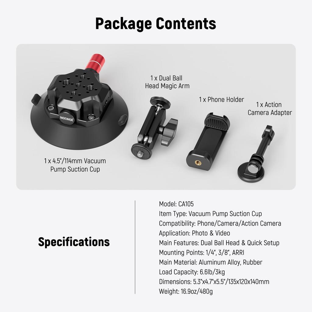 NEEWER Vacuum Suction Cup Mount 4.5 Inch Suction Cup Mount with Ball Head Magic Arm/Smartphone Holder/Action Cam Adapter, Aluminum, Quick Release, Car