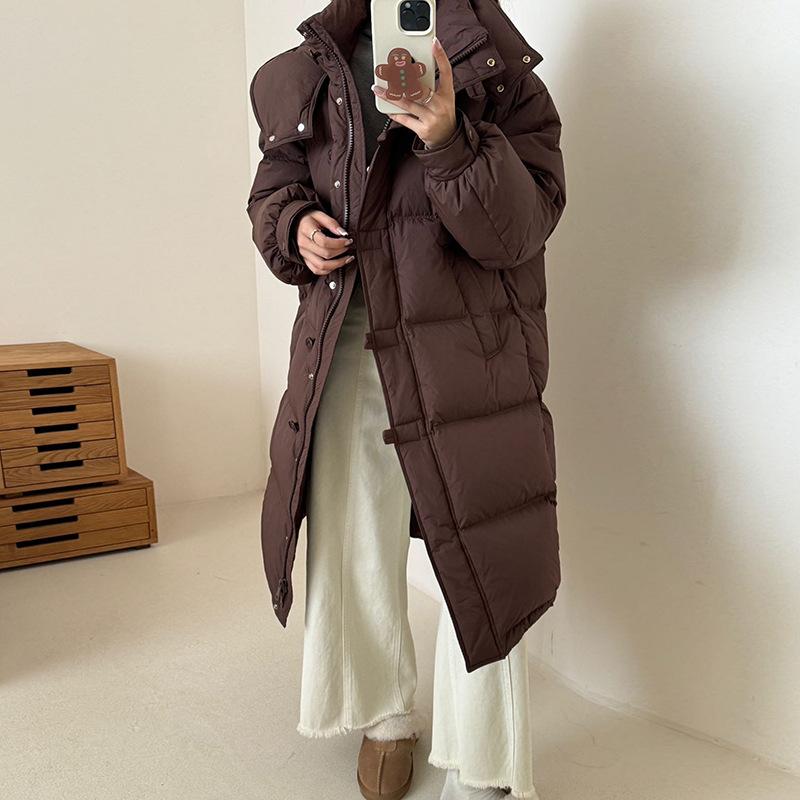 White Goose Down Long Down Jacket Women's 2024 Winter Thickened Sweet Round Button Over Knee Premium College Jacket