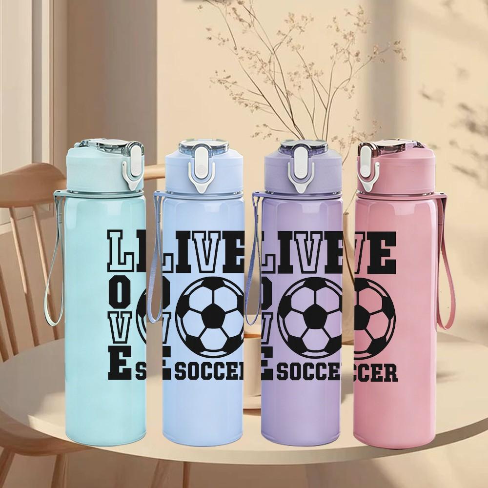 1PC Live Love Soccer Badge Print 750ml Color Plastic Sports Water Bottle Leakproof Flip Straw Lid Suitable for Sports Office Home Use