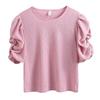 Women Shirts Office Lady Fashion Chiffon Tops Round Collar Sweet Short Puff Sleeve Blouse Solid Color Summer Clothes 27487